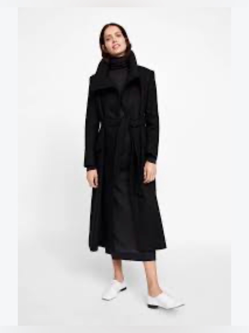 Zara Woman Black Longline Funnel neck Belted Wool Coat